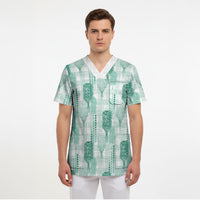 Aloha Hawaii Vintage Kahili Pa'a Lima Scrub Top Palaka Print Mossy Teal