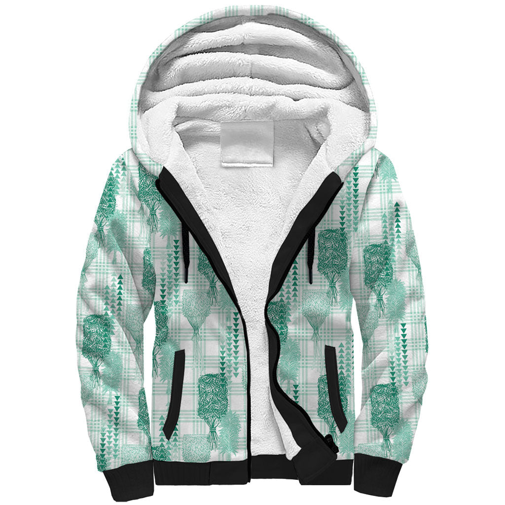 Aloha Hawaii Vintage Kahili Pa'a Lima Sherpa Hoodie Palaka Print Mossy Teal
