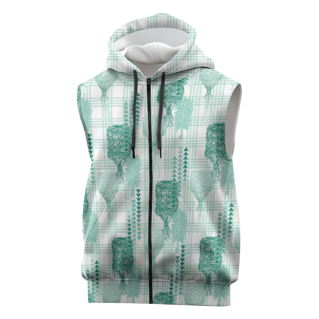 Aloha Hawaii Vintage Kahili Pa'a Lima Sleeveless Zip Hoodie Palaka Print Mossy Teal