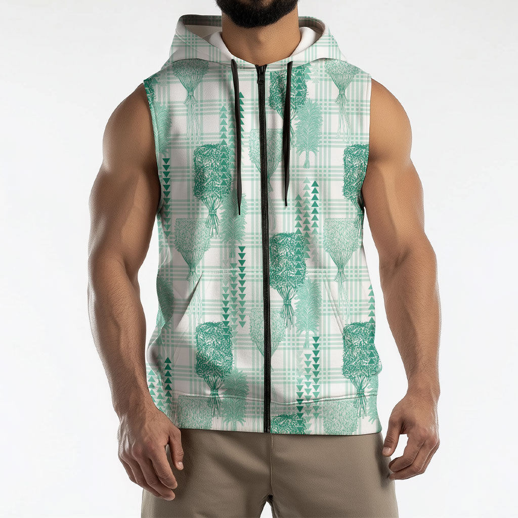 Aloha Hawaii Vintage Kahili Pa'a Lima Sleeveless Zip Hoodie Palaka Print Mossy Teal