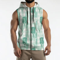 Aloha Hawaii Vintage Kahili Pa'a Lima Sleeveless Zip Hoodie Palaka Print Mossy Teal