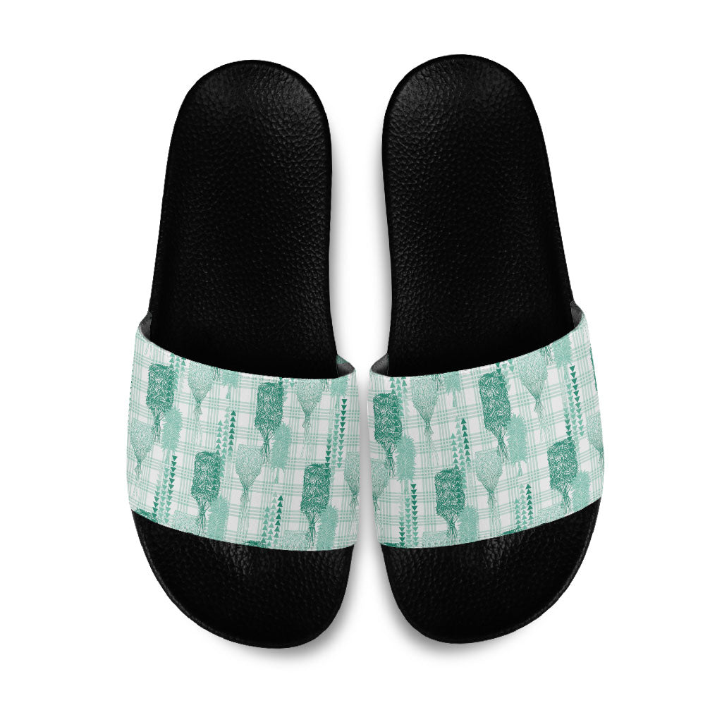 Aloha Hawaii Vintage Kahili Pa'a Lima Slide Sandals Palaka Print Mossy Teal