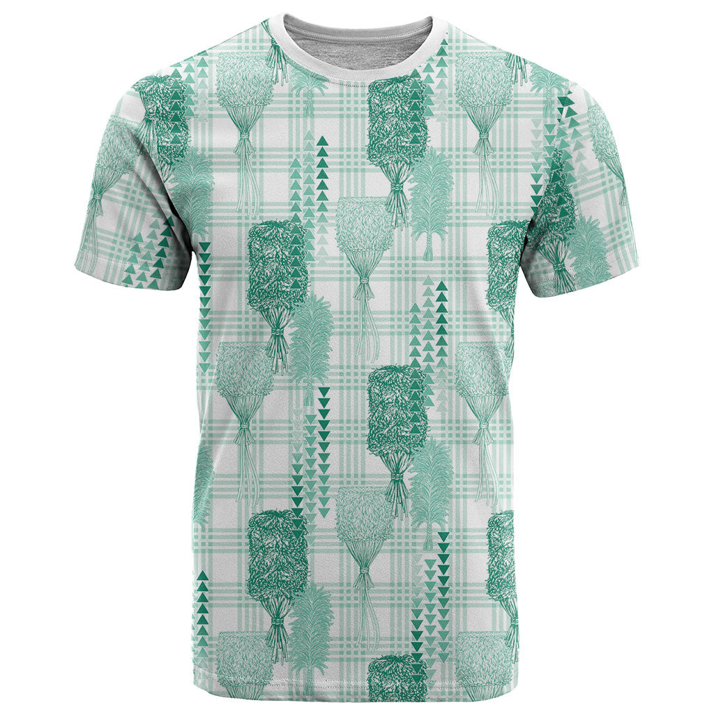 Aloha Hawaii Vintage Kahili Pa'a Lima T Shirt Palaka Print Mossy Teal