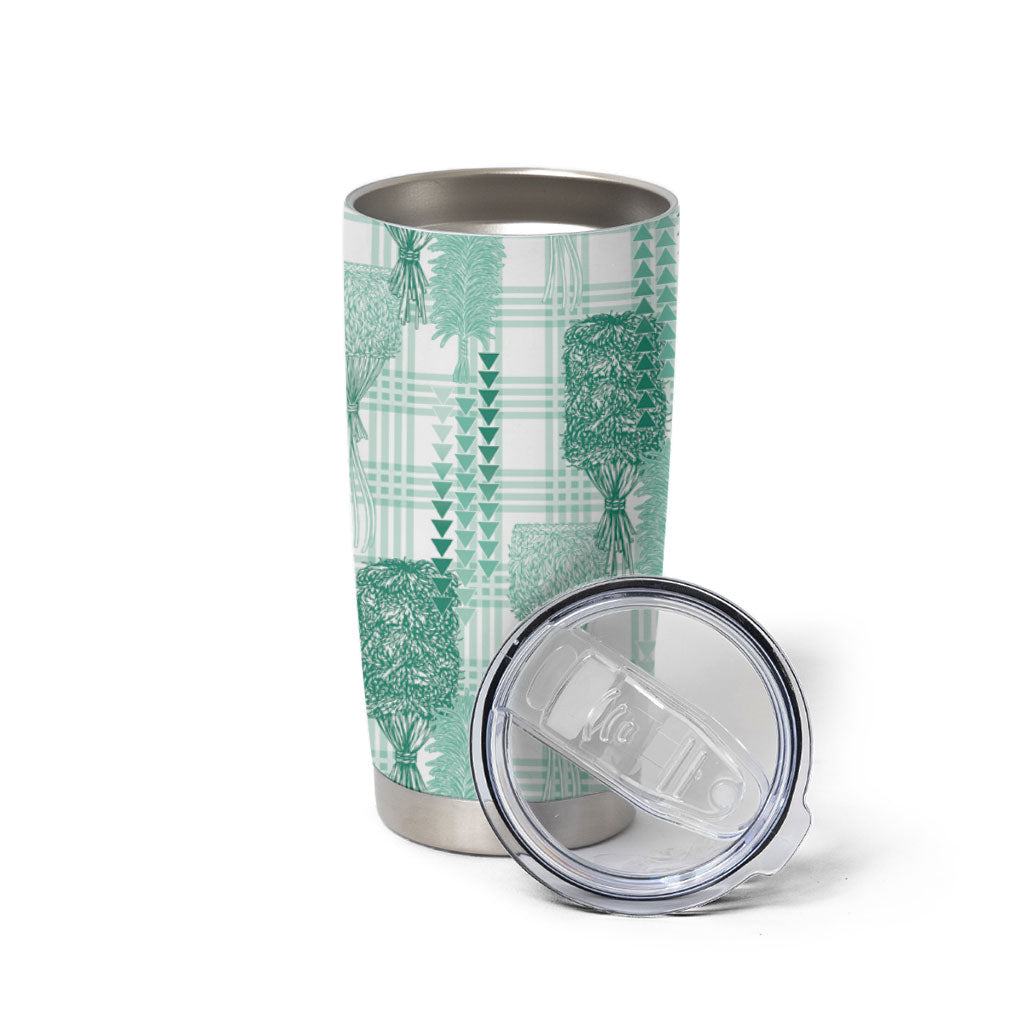 Aloha Hawaii Vintage Kahili Pa'a Lima Tumbler Cup Palaka Print Mossy Teal