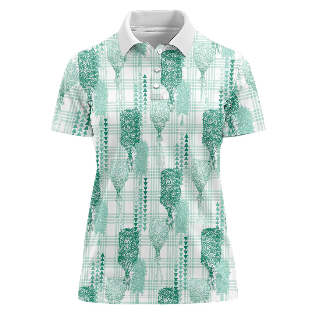 Aloha Hawaii Vintage Kahili Pa'a Lima Women Polo Shirt Palaka Print Mossy Teal LT7 Female Mossy Teal - Polynesian Pride