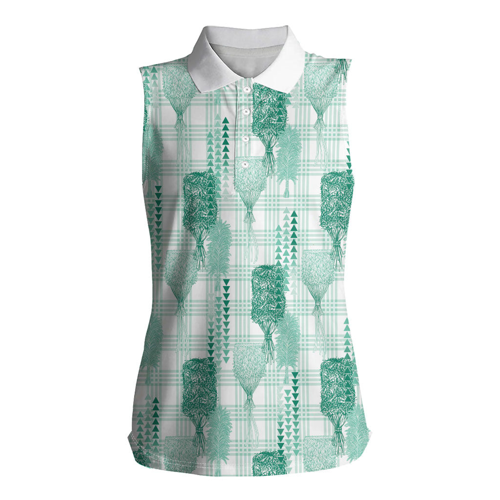 Aloha Hawaii Vintage Kahili Pa'a Lima Women Sleeveless Polo Shirt Palaka Print Mossy Teal