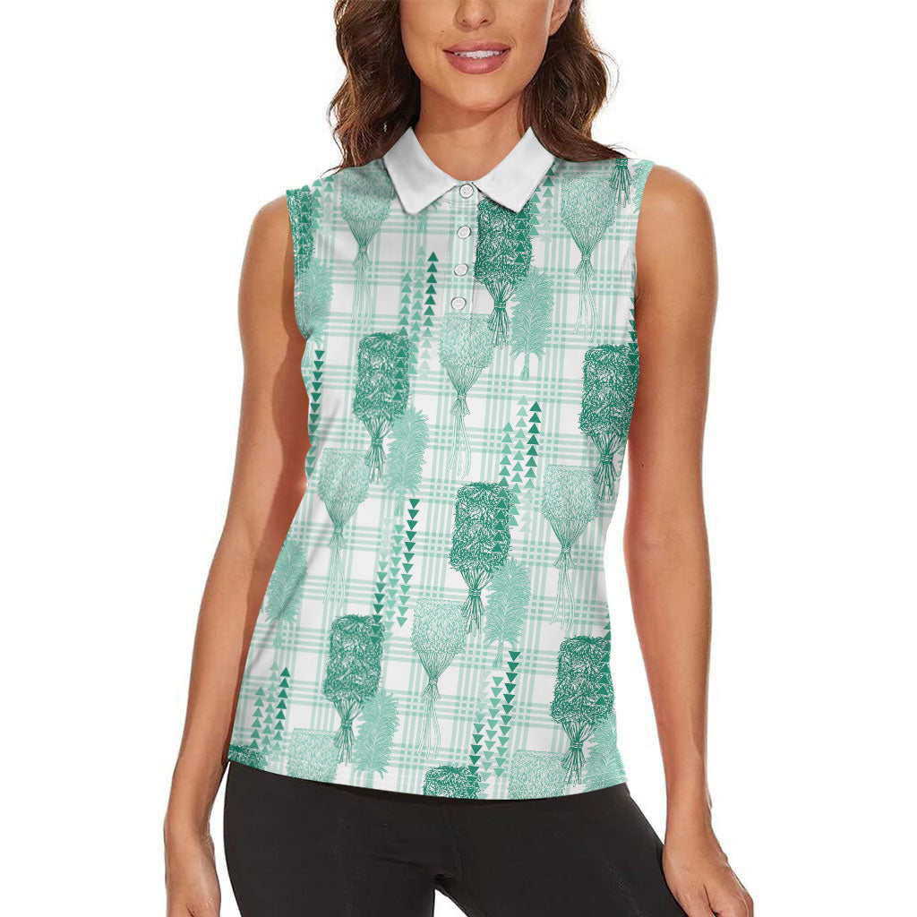 Aloha Hawaii Vintage Kahili Pa'a Lima Women Sleeveless Polo Shirt Palaka Print Mossy Teal