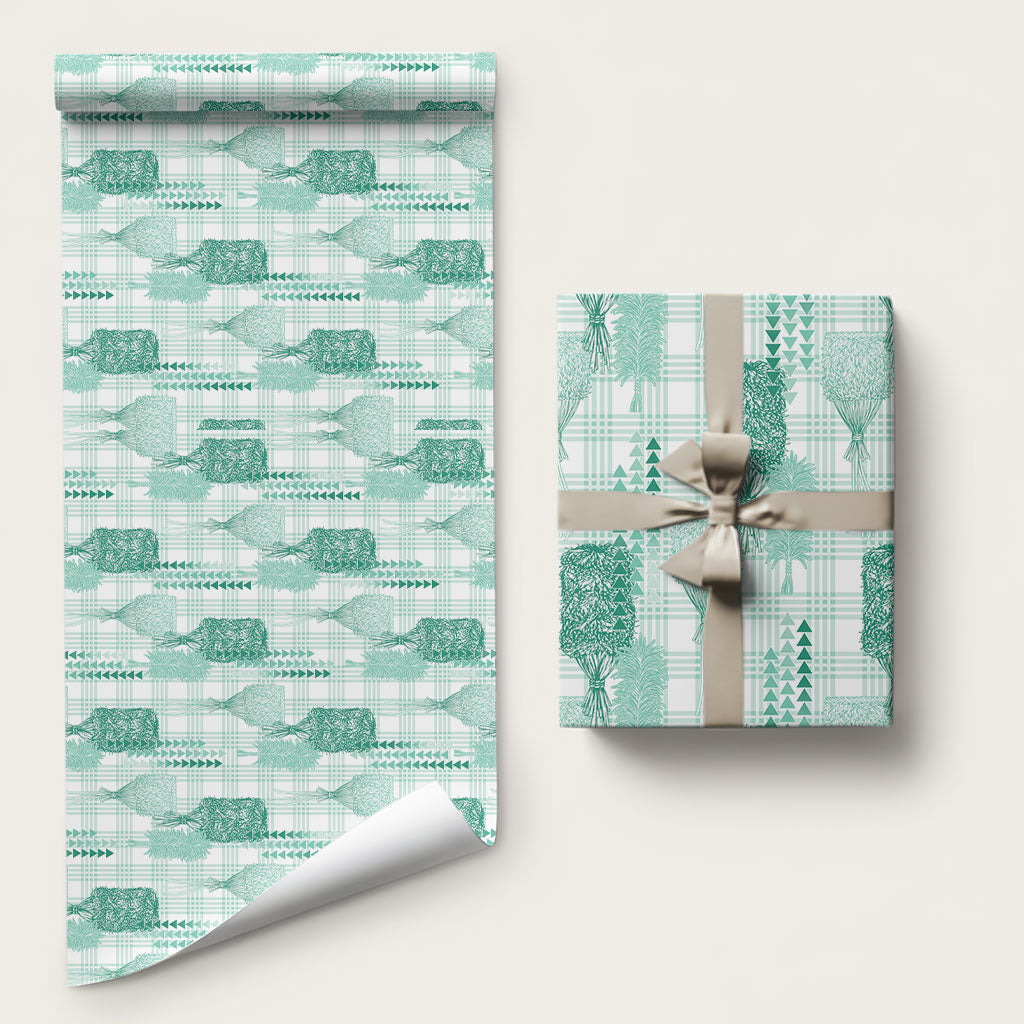 Aloha Hawaii Vintage Kahili Pa'a Lima Wrapping Paper Palaka Print Mossy Teal