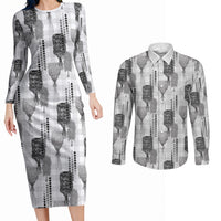Aloha Hawaii Vintage Kahili Pa'a Lima Couples Matching Long Sleeve Bodycon Dress and Long Sleeve Button Shirt Palaka Print Hinahina