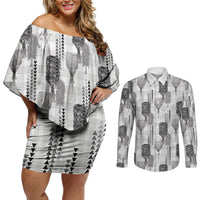 Aloha Hawaii Vintage Kahili Pa'a Lima Couples Matching Off Shoulder Short Dress and Long Sleeve Button Shirt Palaka Print Hinahina