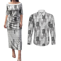 Aloha Hawaii Vintage Kahili Pa'a Lima Couples Matching Puletasi and Long Sleeve Button Shirt Palaka Print Hinahina