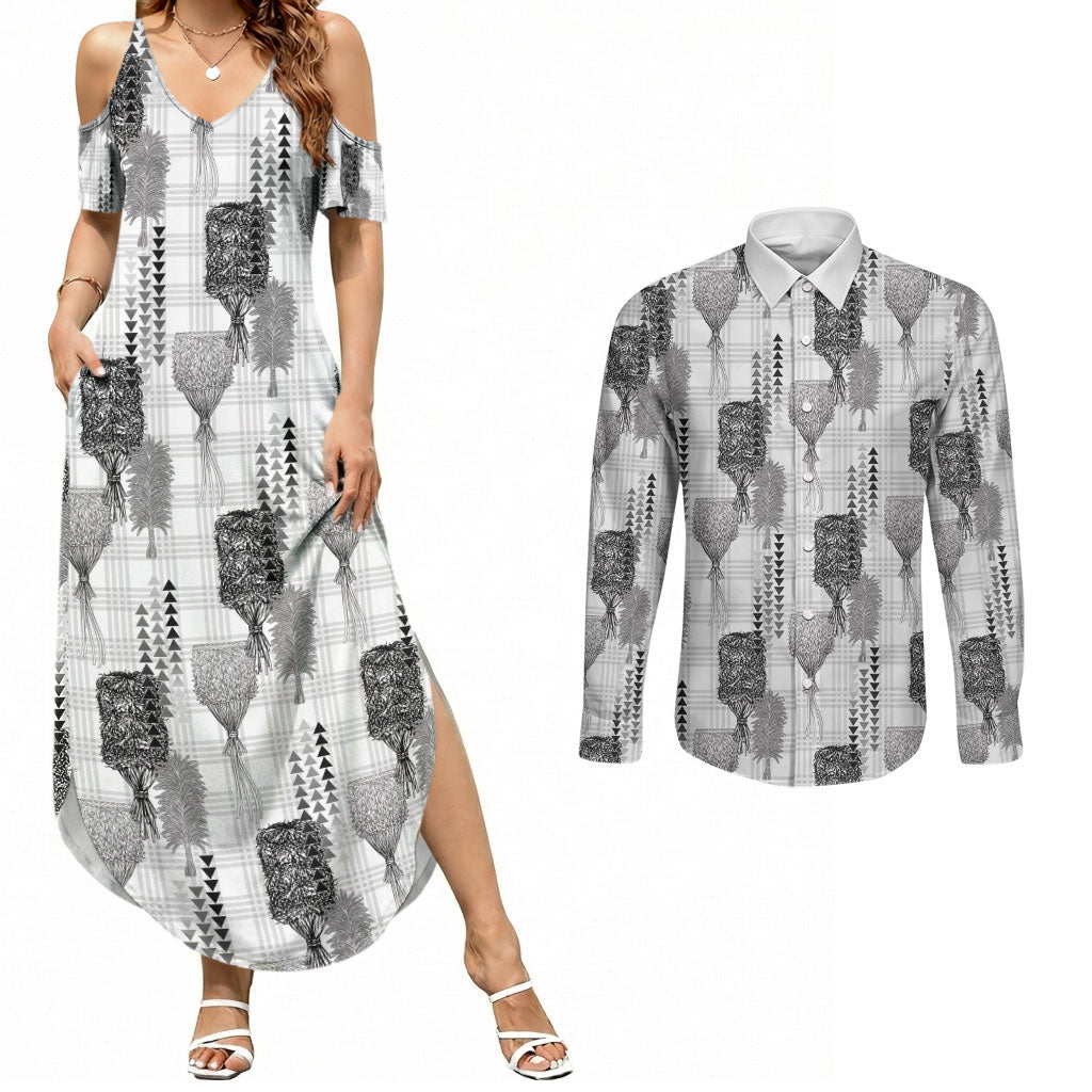 Aloha Hawaii Vintage Kahili Pa'a Lima Couples Matching Summer Maxi Dress and Long Sleeve Button Shirt Palaka Print Hinahina