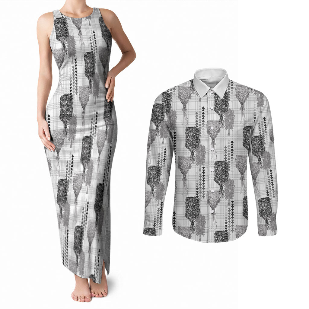 Aloha Hawaii Vintage Kahili Pa'a Lima Couples Matching Tank Maxi Dress and Long Sleeve Button Shirt Palaka Print Hinahina