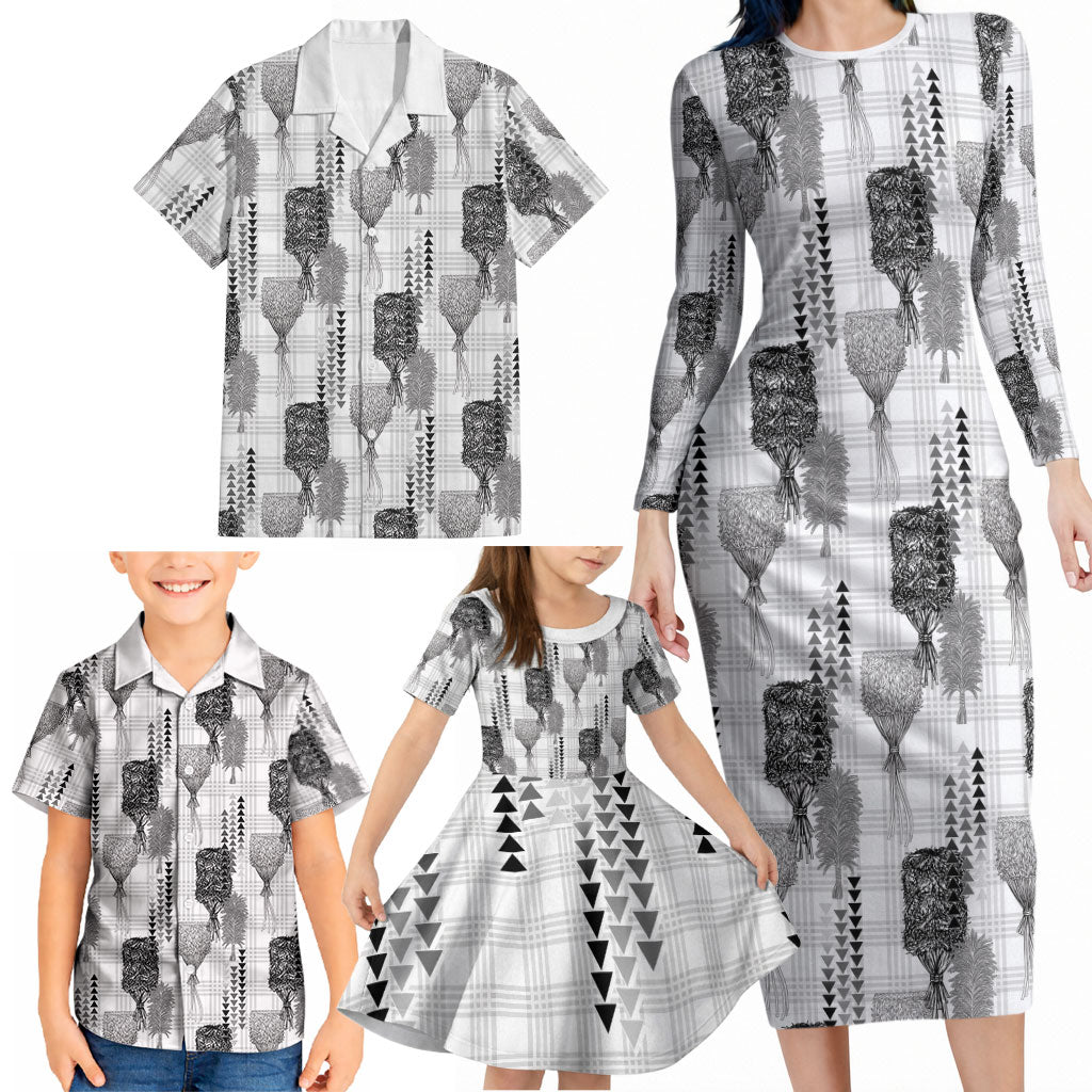 Aloha Hawaii Vintage Kahili Pa'a Lima Family Matching Long Sleeve Bodycon Dress and Hawaiian Shirt Palaka Print Hinahina