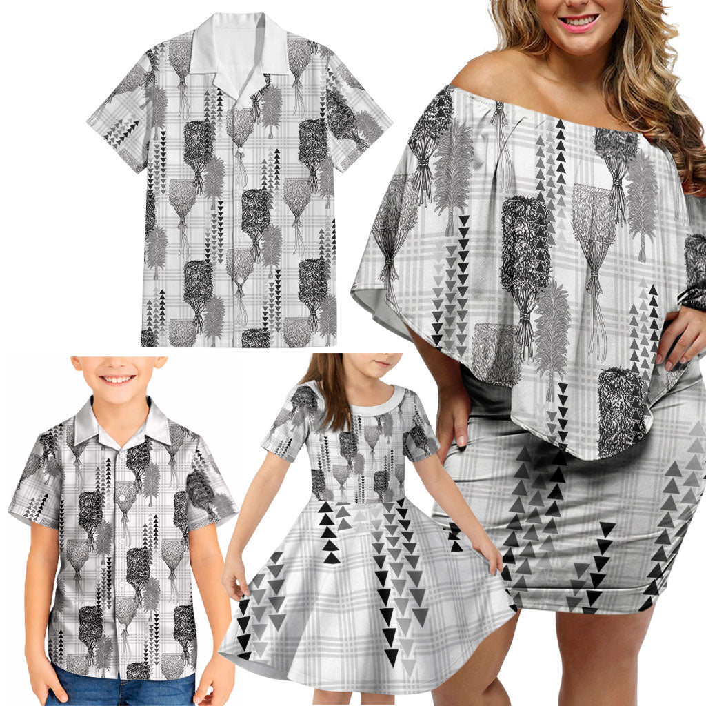 Aloha Hawaii Vintage Kahili Pa'a Lima Family Matching Off Shoulder Short Dress and Hawaiian Shirt Palaka Print Hinahina