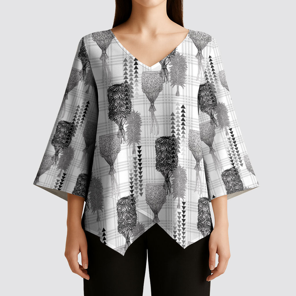 Aloha Hawaii Vintage Kahili Pa'a Lima Kimono Sleeve Blouse Palaka Print Hinahina