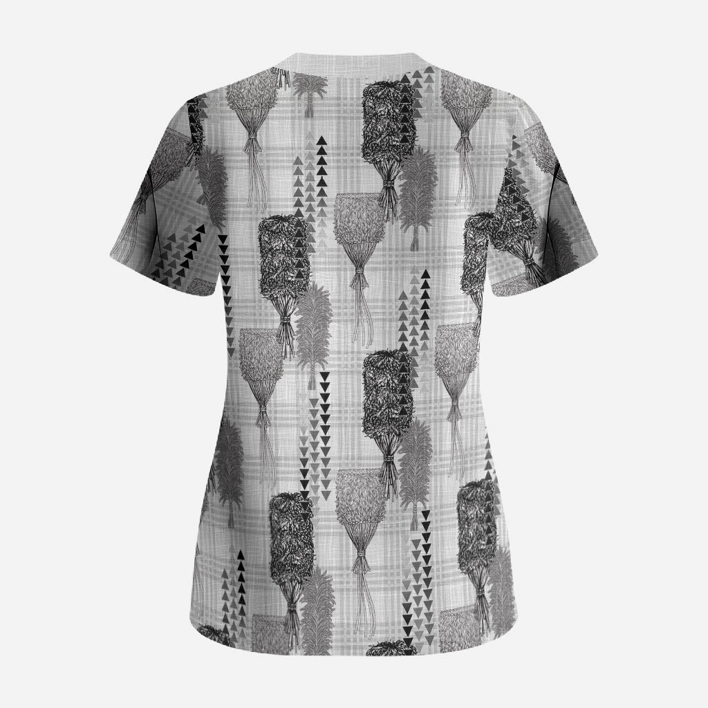Aloha Hawaii Vintage Kahili Pa'a Lima Scrub Top Palaka Print Hinahina