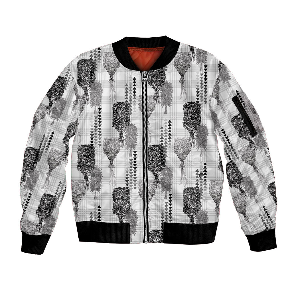 Aloha Hawaii Vintage Kahili Pa'a Lima Sleeve Zip Bomber Jacket Palaka Print Hinahina LT7 Unisex Gray - Polynesian Pride
