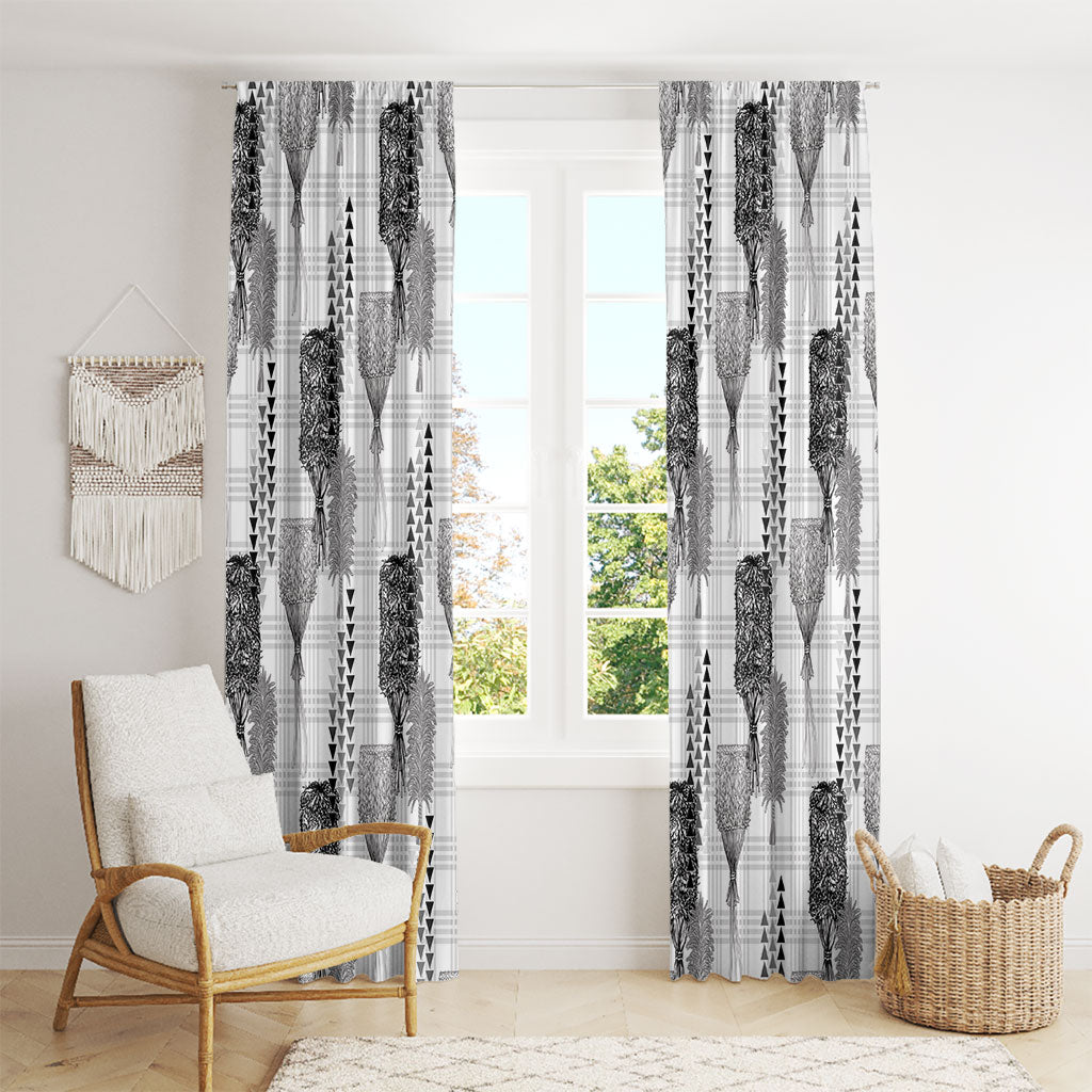 Aloha Hawaii Vintage Kahili Pa'a Lima Window Curtain Palaka Print Hinahina