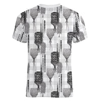 Aloha Hawaii Vintage Kahili Pa'a Lima Women V-Neck T-Shirt Palaka Print Hinahina