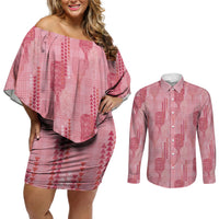 Aloha Hawaii Vintage Kahili Pa'a Lima Couples Matching Off Shoulder Short Dress and Long Sleeve Button Shirt Palaka Print Berry Pink