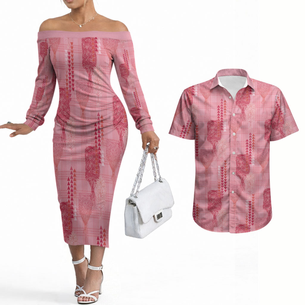 Aloha Hawaii Vintage Kahili Pa'a Lima Couples Matching Off The Shoulder Long Sleeve Dress and Hawaiian Shirt Palaka Print Berry Pink LT7 Pink - Polynesian Pride