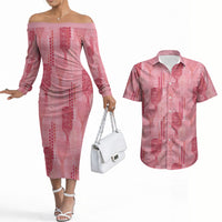 Aloha Hawaii Vintage Kahili Pa'a Lima Couples Matching Off The Shoulder Long Sleeve Dress and Hawaiian Shirt Palaka Print Berry Pink