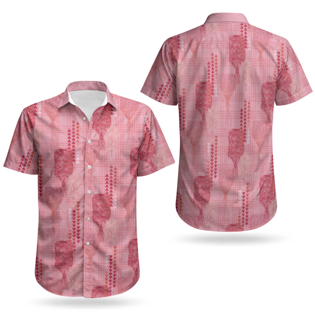 Aloha Hawaii Vintage Kahili Pa'a Lima Couples Matching Off The Shoulder Long Sleeve Dress and Hawaiian Shirt Palaka Print Berry Pink
