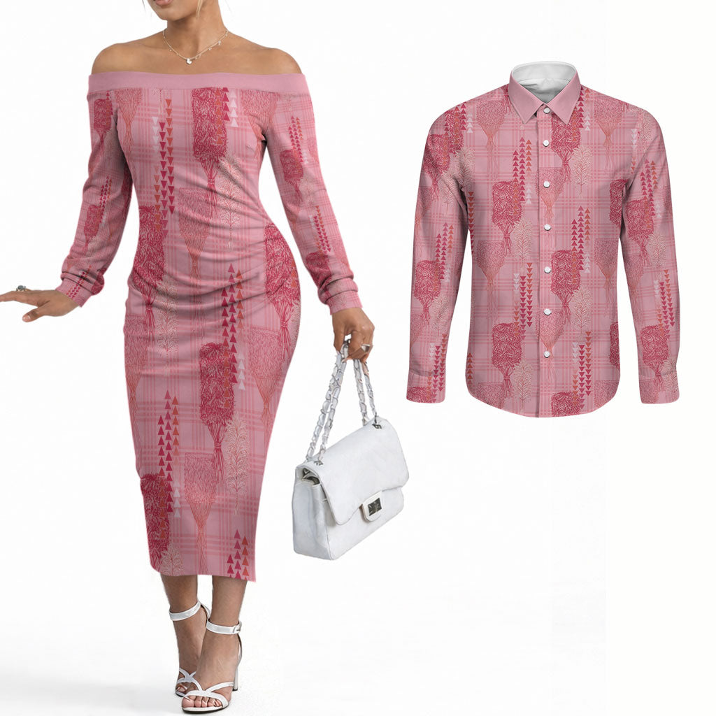 Aloha Hawaii Vintage Kahili Pa'a Lima Couples Matching Off The Shoulder Long Sleeve Dress and Long Sleeve Button Shirt Palaka Print Berry Pink