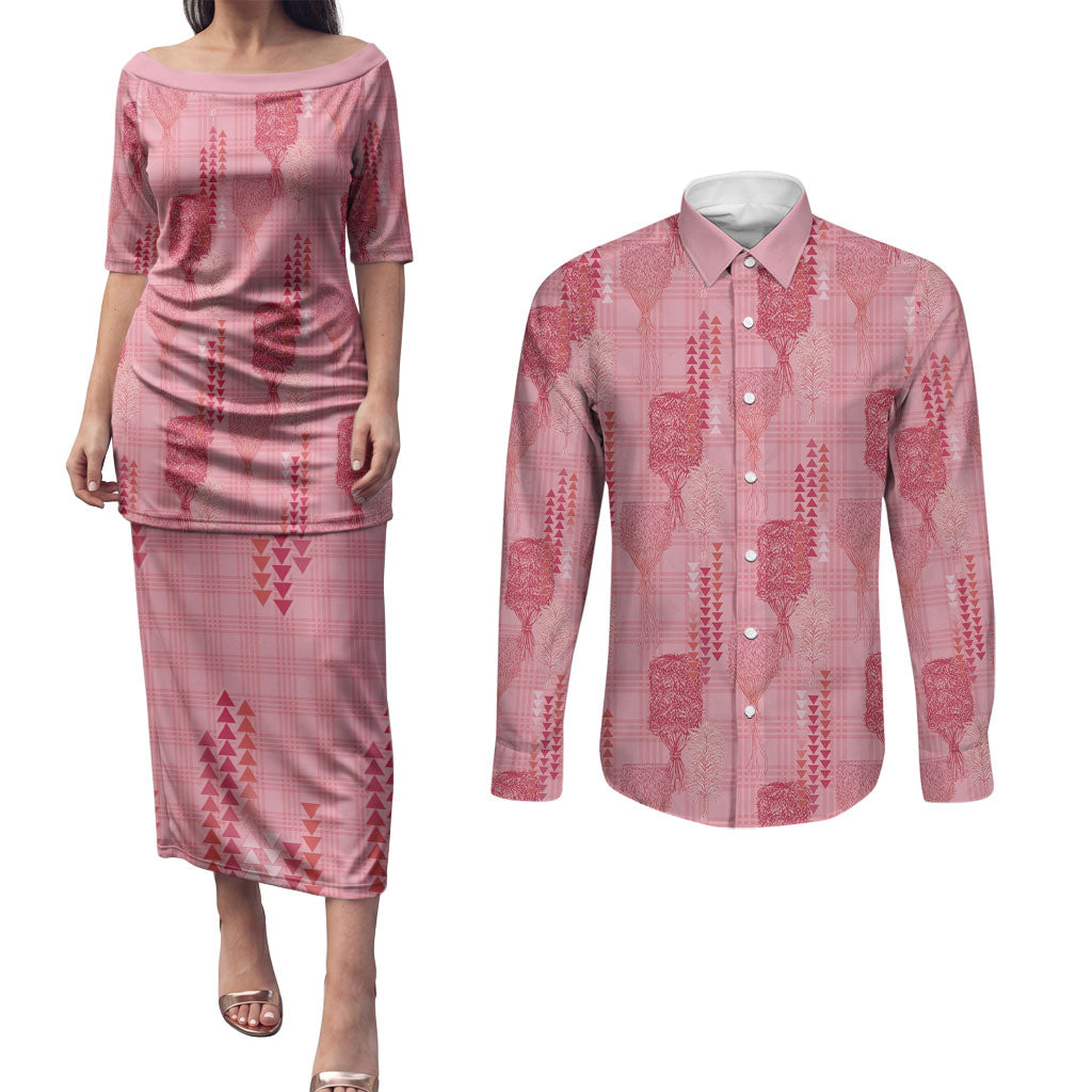 Aloha Hawaii Vintage Kahili Pa'a Lima Couples Matching Puletasi and Long Sleeve Button Shirt Palaka Print Berry Pink