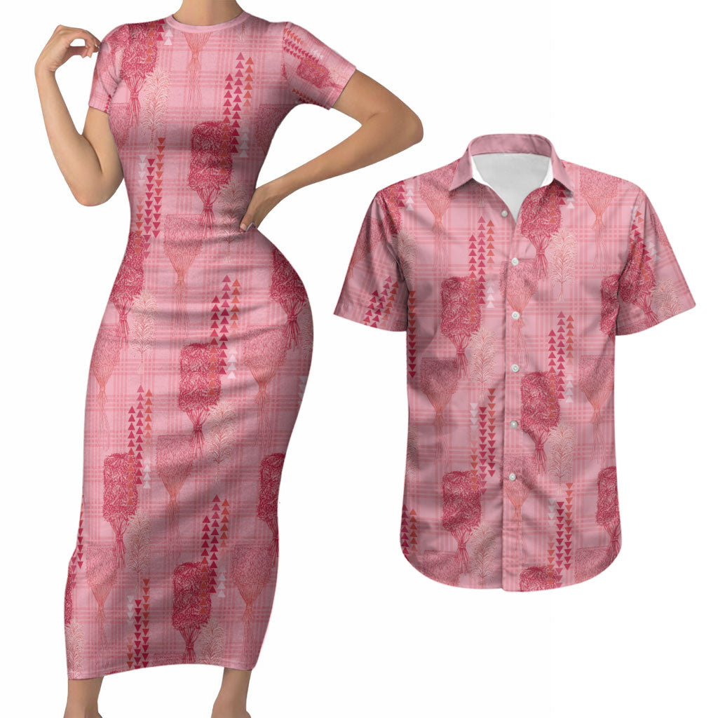 Aloha Hawaii Vintage Kahili Pa'a Lima Couples Matching Short Sleeve Bodycon Dress and Hawaiian Shirt Palaka Print Berry Pink LT7 Pink - Polynesian Pride