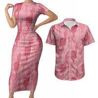 Aloha Hawaii Vintage Kahili Pa'a Lima Couples Matching Short Sleeve Bodycon Dress and Hawaiian Shirt Palaka Print Berry Pink