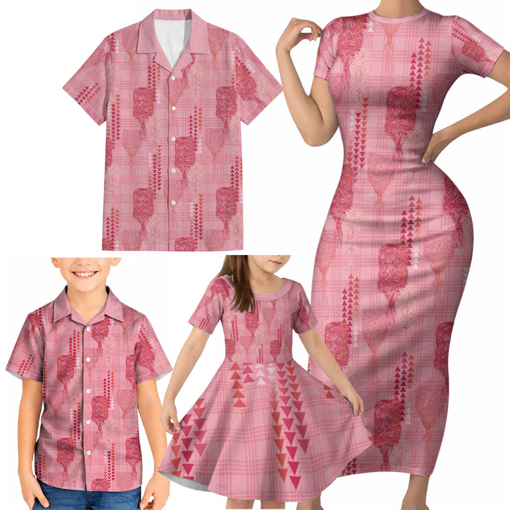 Aloha Hawaii Vintage Kahili Pa'a Lima Family Matching Short Sleeve Bodycon Dress and Hawaiian Shirt Palaka Print Berry Pink