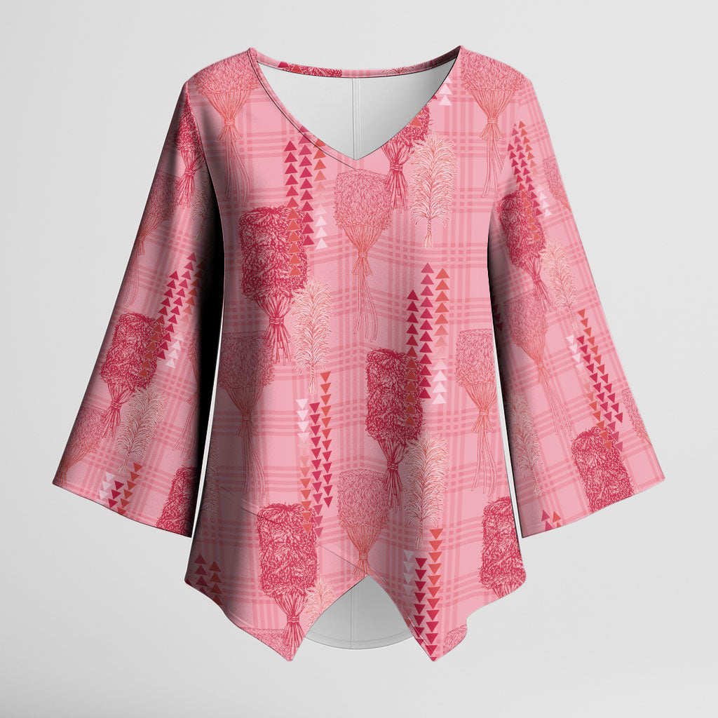Aloha Hawaii Vintage Kahili Pa'a Lima Kimono Sleeve Blouse Palaka Print Berry Pink LT7 Female Pink - Polynesian Pride