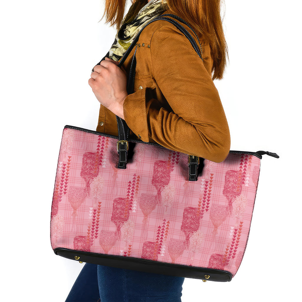 Aloha Hawaii Vintage Kahili Pa'a Lima Leather Tote Bag Palaka Print Berry Pink LT7 Pink - Polynesian Pride