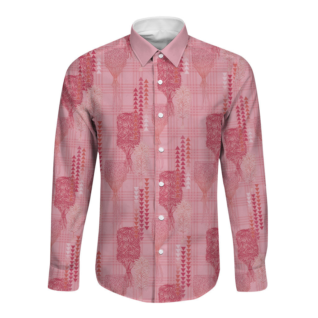 Aloha Hawaii Vintage Kahili Pa'a Lima Long Sleeve Button Shirt Palaka Print Berry Pink