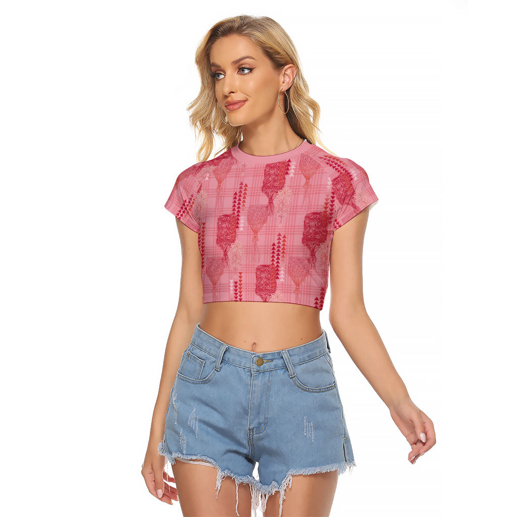 Aloha Hawaii Vintage Kahili Pa'a Lima Raglan Cropped T Shirt Palaka Print Berry Pink LT7 Female Pink - Polynesian Pride