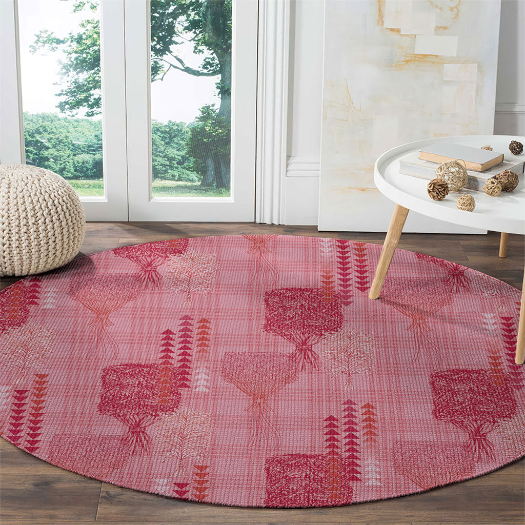 Aloha Hawaii Vintage Kahili Pa'a Lima Round Carpet Palaka Print Berry Pink