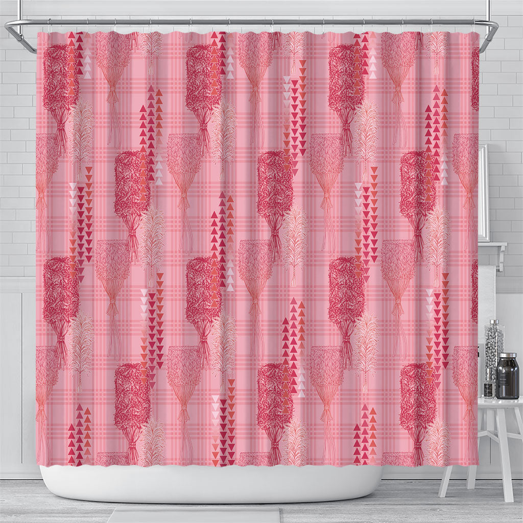 Aloha Hawaii Vintage Kahili Pa'a Lima Shower Curtain Palaka Print Berry Pink