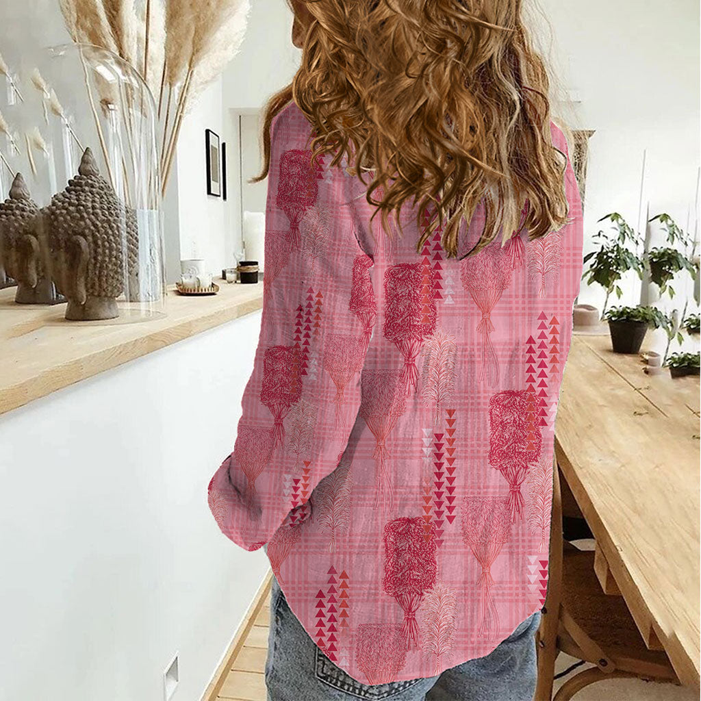 Aloha Hawaii Vintage Kahili Pa'a Lima Women Casual Shirt Palaka Print Berry Pink
