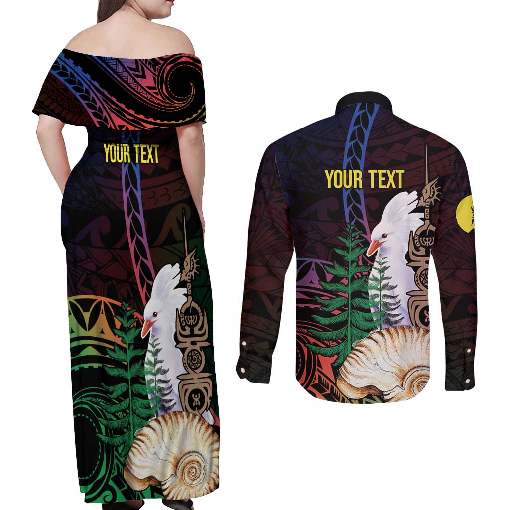 New Caledonia Kanaky Personalized Couples Matching Off Shoulder Maxi Dress and Long Sleeve Button Shirt Kagu Bird Emblem - Polynesian Pride