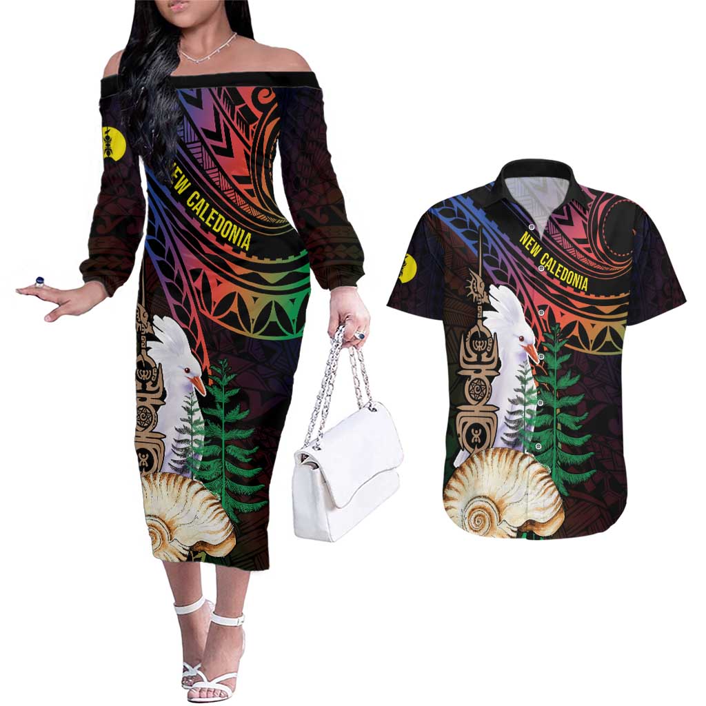 New Caledonia Kanaky Personalized Couples Matching Off The Shoulder Long Sleeve Dress and Hawaiian Shirt Kagu Bird Emblem - Polynesian Pride