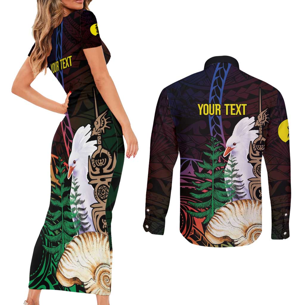 New Caledonia Kanaky Personalized Couples Matching Short Sleeve Bodycon Dress and Long Sleeve Button Shirt Kagu Bird Emblem - Polynesian Pride