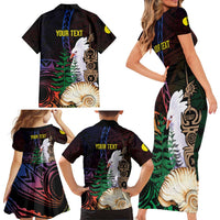 New Caledonia Kanaky Personalized Family Matching Short Sleeve Bodycon Dress and Hawaiian Shirt Kagu Bird Emblem - Polynesian Pride