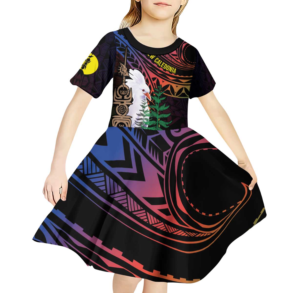 New Caledonia Kanaky Personalized Kid Short Sleeve Dress Kagu Bird Emblem - Polynesian Pride
