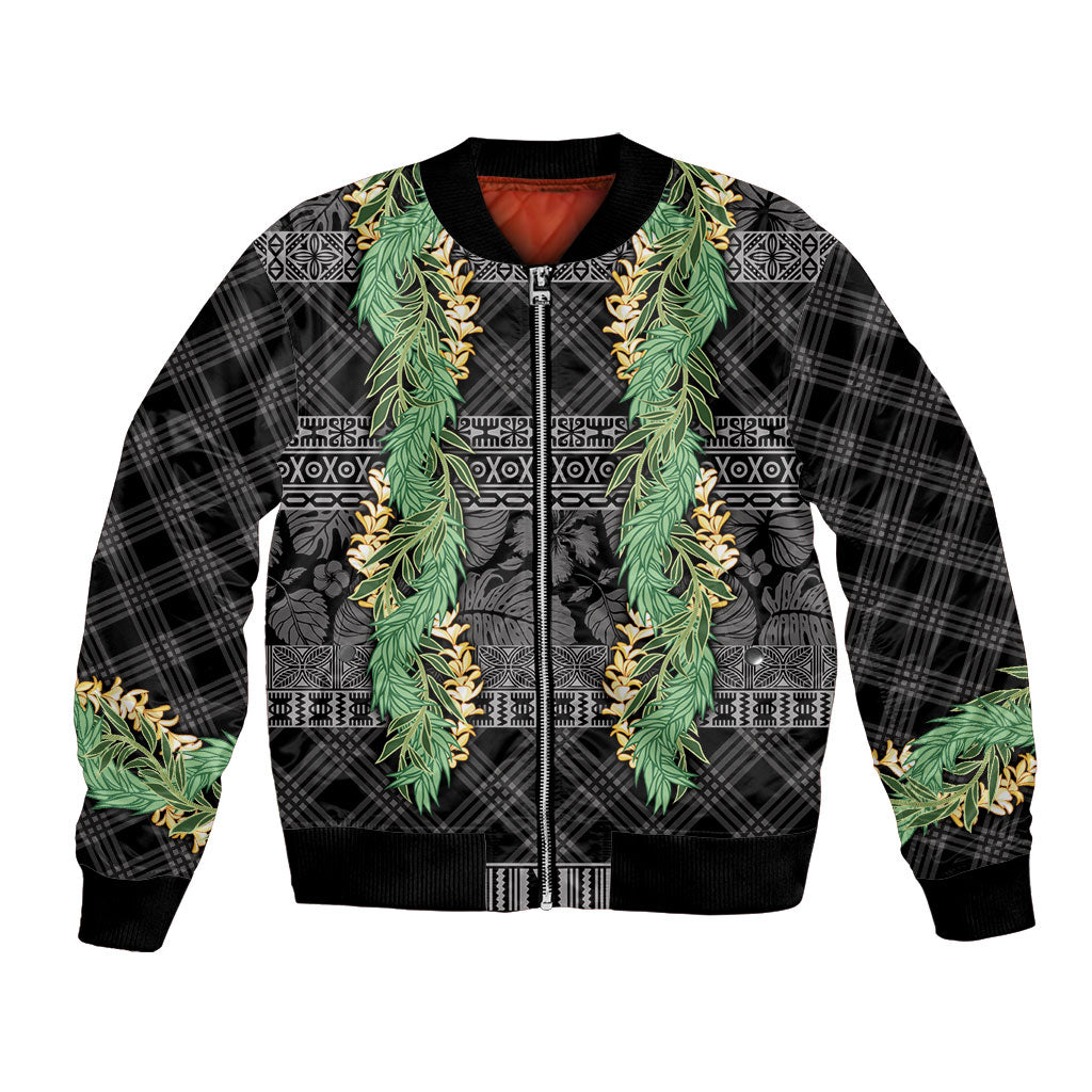 Hawai'i Paniolo Maile Twisted Lei Bomber Jacket Obsidian Black LT7 Unisex Black - Polynesian Pride