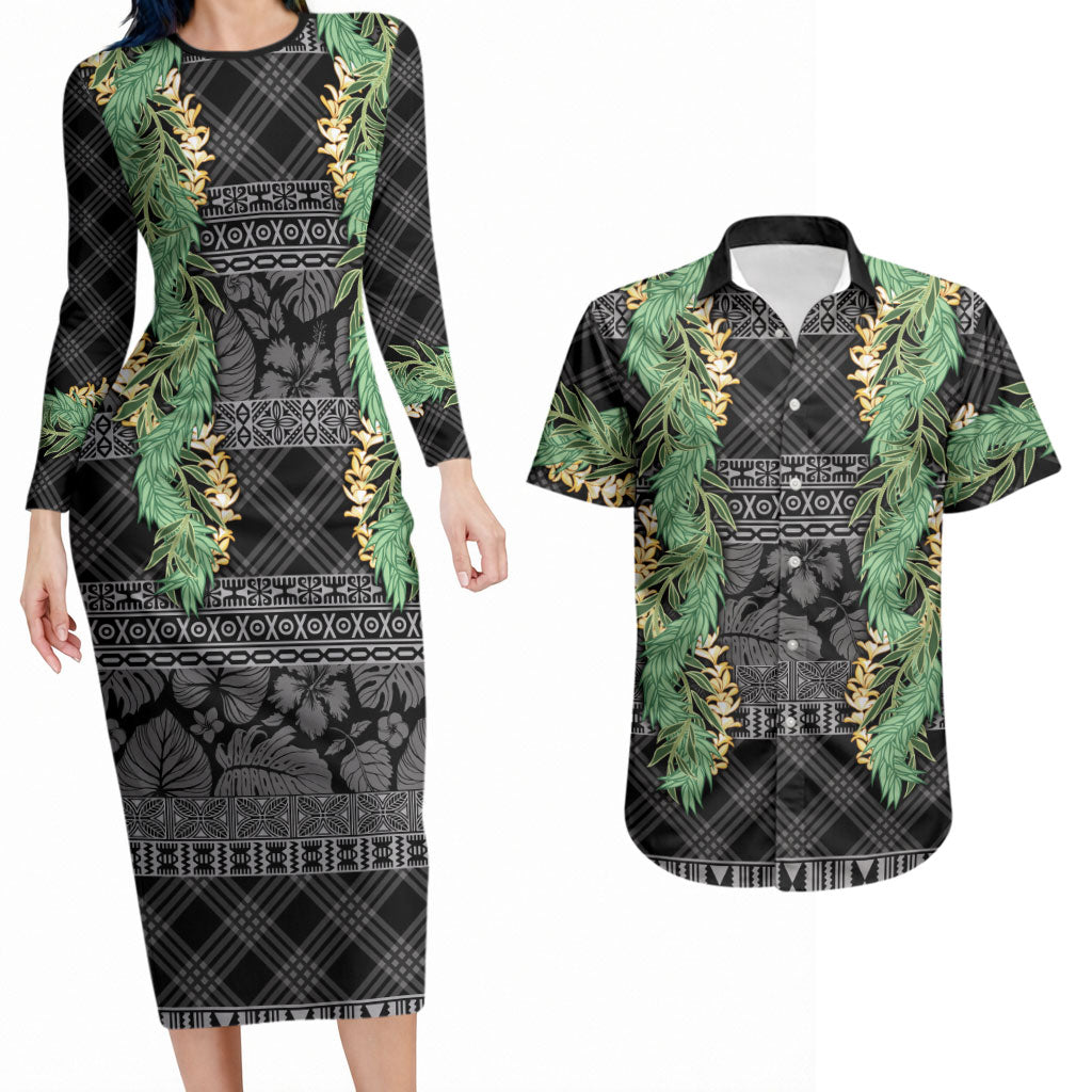 Hawai'i Paniolo Maile Twisted Lei Couples Matching Long Sleeve Bodycon Dress and Hawaiian Shirt Obsidian Black