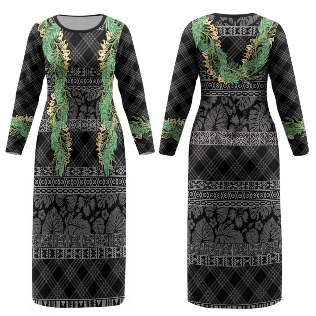 Hawai'i Paniolo Maile Twisted Lei Couples Matching Long Sleeve Bodycon Dress and Long Sleeve Button Shirt Obsidian Black LT7 - Polynesian Pride