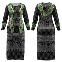 Hawai'i Paniolo Maile Twisted Lei Couples Matching Long Sleeve Bodycon Dress and Long Sleeve Button Shirt Obsidian Black LT7 - Polynesian Pride