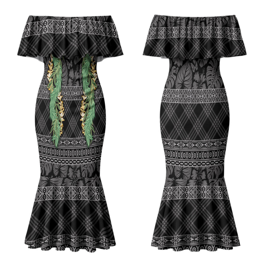 Hawai'i Paniolo Maile Twisted Lei Couples Matching Mermaid Dress and Long Sleeve Button Shirt Obsidian Black LT7 - Polynesian Pride